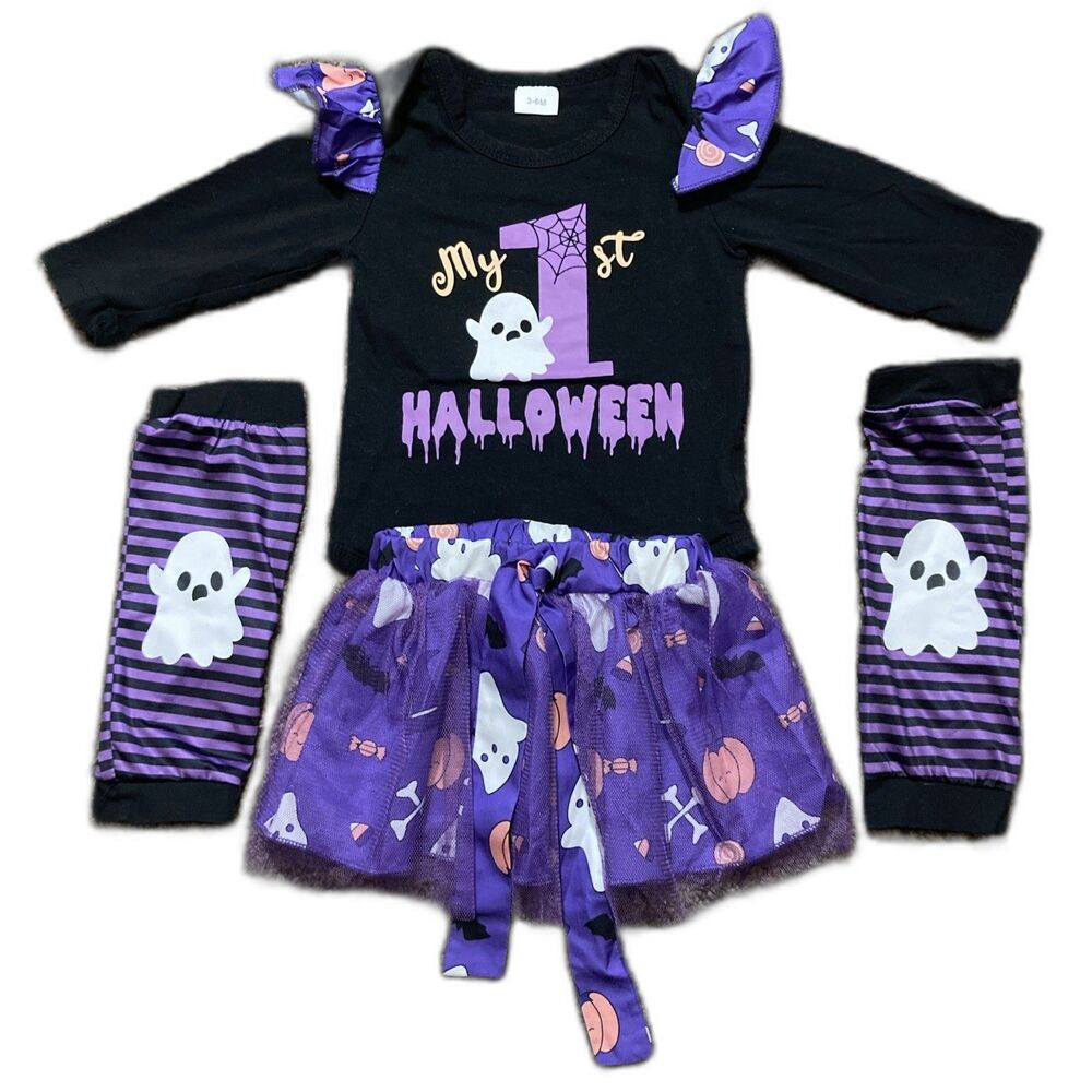 My First Ghost Halloween One-piece Skirt 3-6m Black & Purple 4pc Set Costume